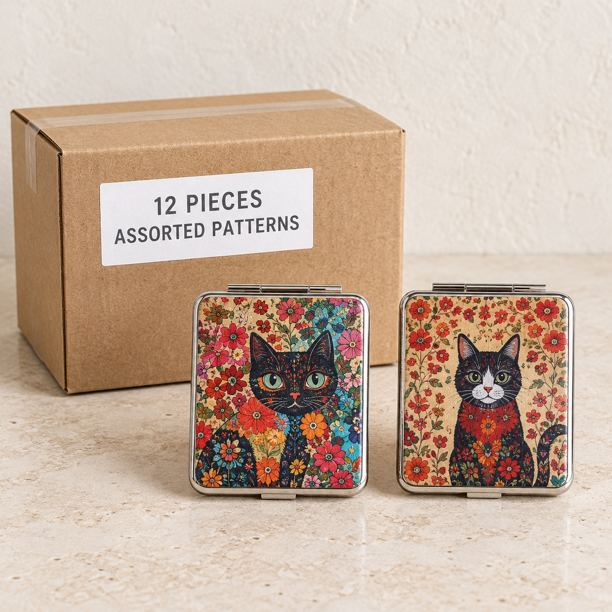 Decorative Compact Mirrors — Box of 12 — 12 × Assorted Patterns. Representative samples beside illustrative wholesale carton.