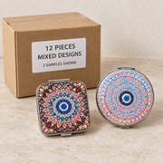 Decorative Compact Mirrors — Box of 12 — Mixed box — 4 of each design. Representative samples beside illustrative wholesale carton.