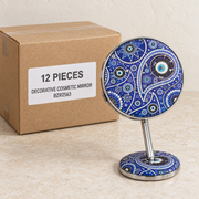 Decorative Cosmetic Mirrors — Box of 12 — 12 × Decorative Cosmetic Mirror - BZR2563. Representative samples beside illustrative wholesale carton.