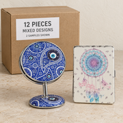 Decorative Cosmetic Mirrors — Box of 12 — Mixed box — 12 pieces (see contents). Representative samples beside illustrative wholesale carton.