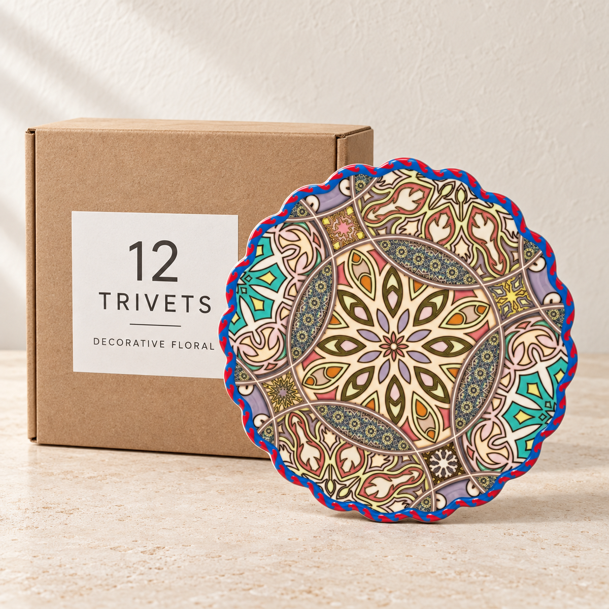 Decorative Floral wholesale box of 12 — one sample of the selected design shown with illustrative carton
