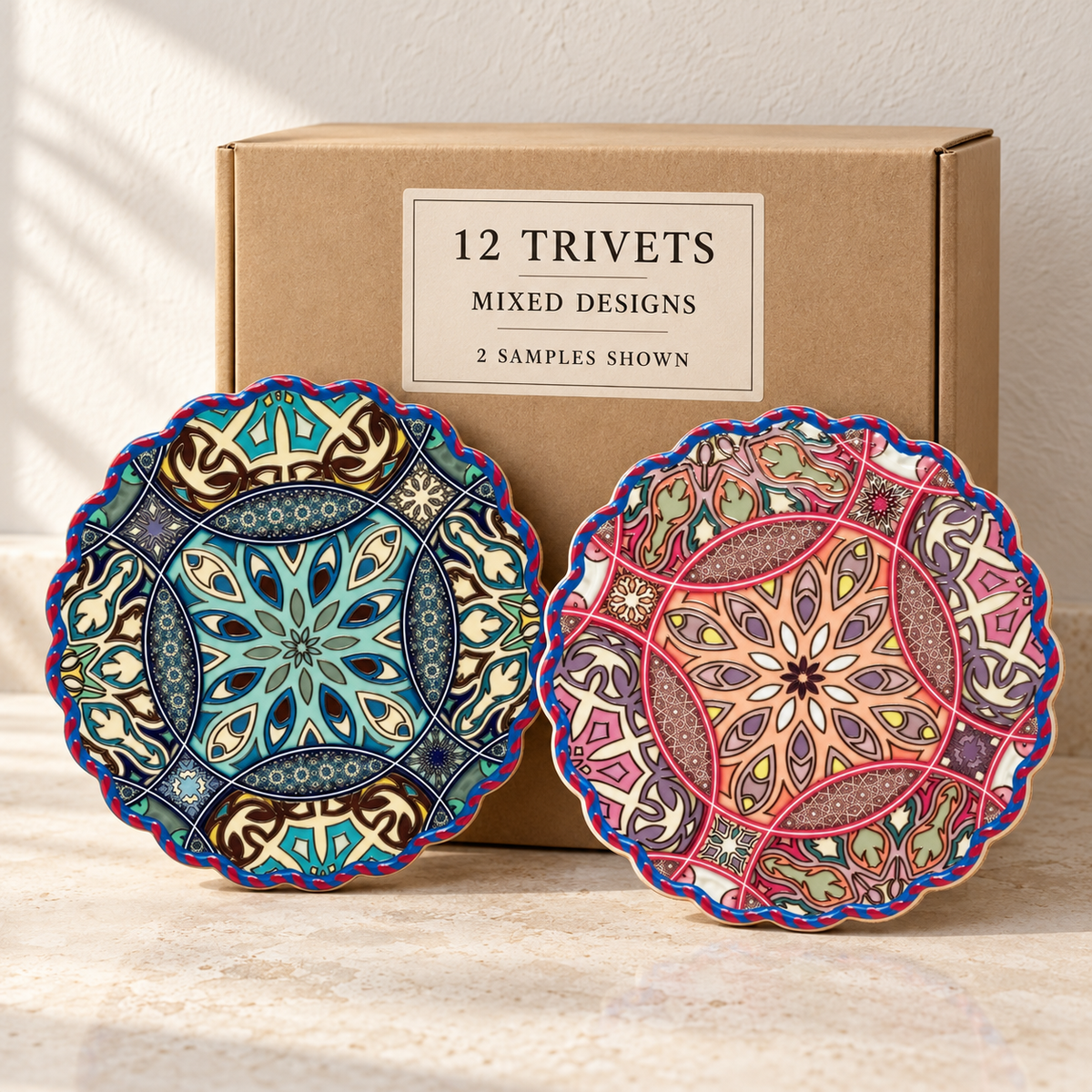 Decorative trivets wholesale box of 12 — two sample designs shown