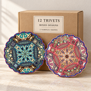 Decorative trivets wholesale box of 12 — two sample designs shown