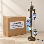 Mosaic Floor Lamps — Box of 12 — 12 × Turkish Mosaic Floor Lamp - 5 Globes, 13 cm Glass. Representative samples beside illustrative wholesale carton.
