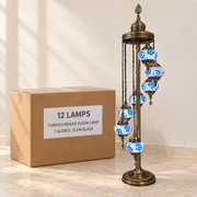 Mosaic Floor Lamps — Box of 12 — 12 × Turkish Mosaic Floor Lamp - 7 Globes, 13 cm Glass. Representative samples beside illustrative wholesale carton.