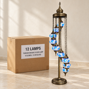 Mosaic Floor Lamps — Box of 12 — 12 × Turkish Mosaic Floor Lamp - 9 Globes, 13 cm Glass. Representative samples beside illustrative wholesale carton.