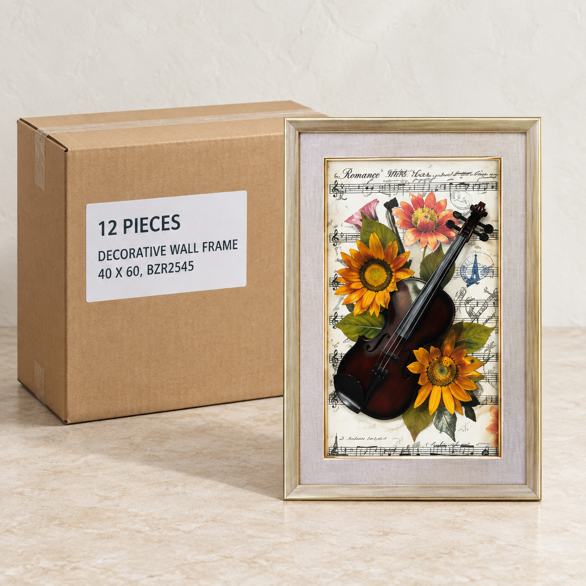 Decorative Wall Frames · 40 × 60 cm — Box of 12 — 12 × Decorative Wall Frame - 40 x 60, BZR2545. Representative samples beside illustrative wholesale carton.