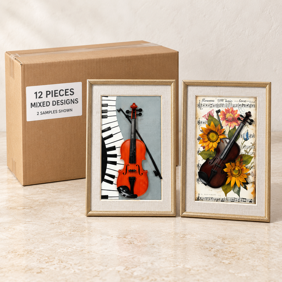 Decorative Wall Frames · 40 × 60 cm — Box of 12 — Mixed box — 6 of each design. Representative samples beside illustrative wholesale carton.