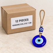 Hanging Evil Eyes — Box of 12 — 12 × Hanging Evil Eye - 7 cm. Representative samples beside illustrative wholesale carton.