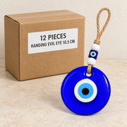 Hanging Evil Eyes — Box of 12 — 12 × Hanging Evil Eye - 10.5 cm. Representative samples beside illustrative wholesale carton.