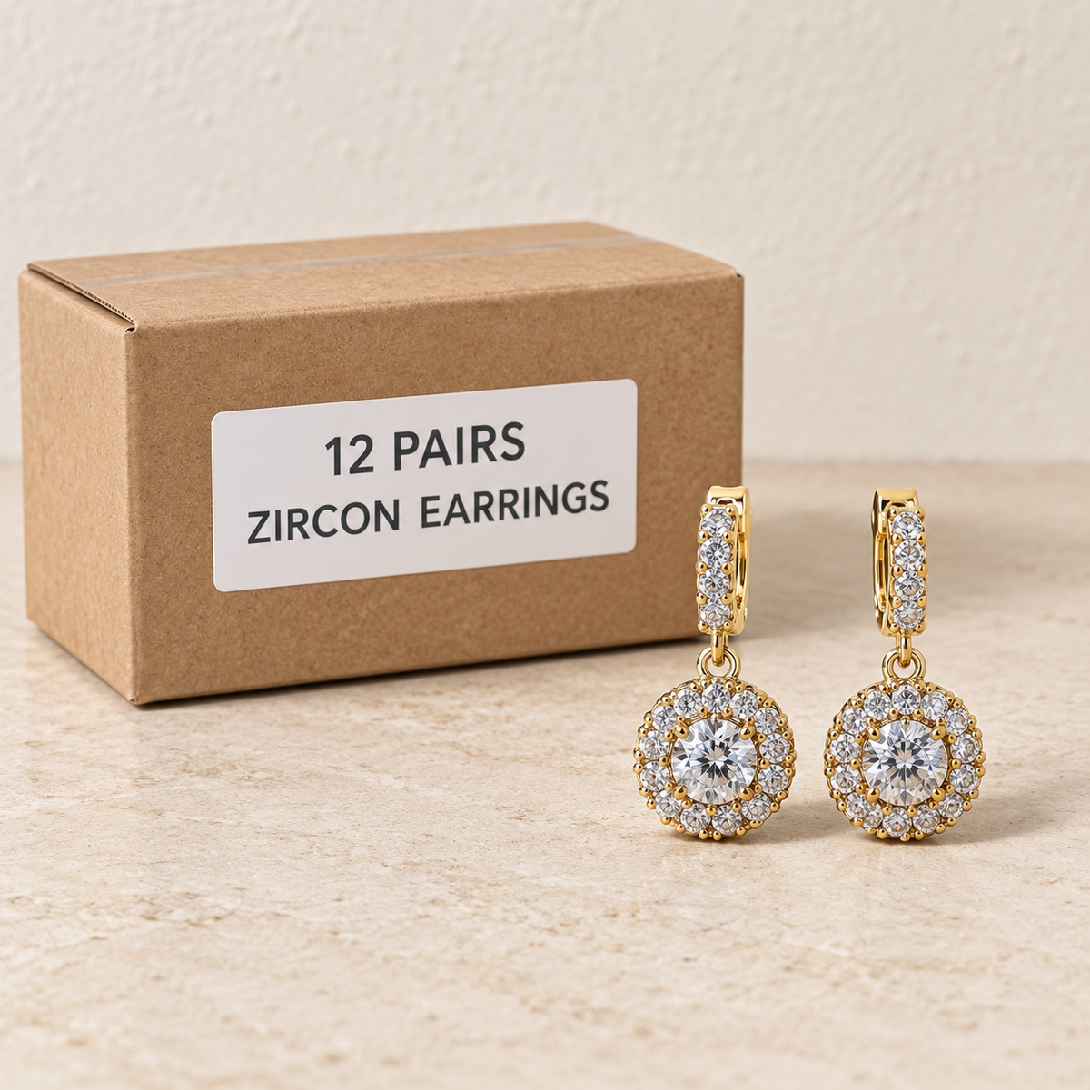 Zircon Earrings — Box of 12 — 12 × Zircon Earrings. Representative samples beside illustrative wholesale carton.