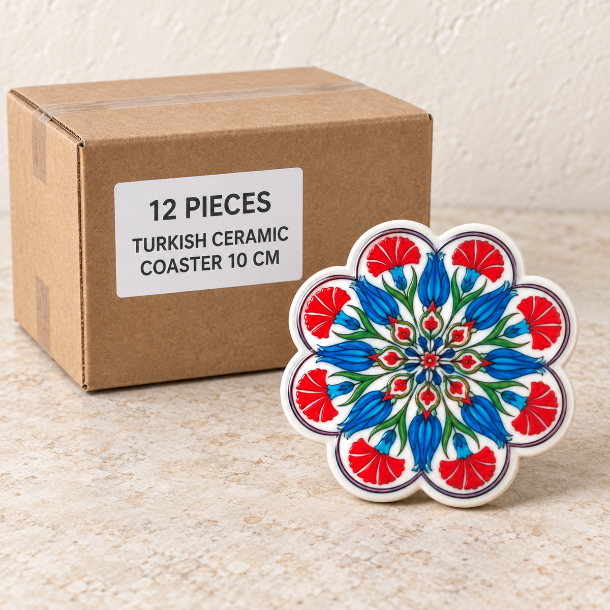 Turkish Ceramic Coaster - 10 cm — Box of 12 — 12 × Turkish Ceramic Coaster - 10 cm. Representative samples beside illustrative wholesale carton.