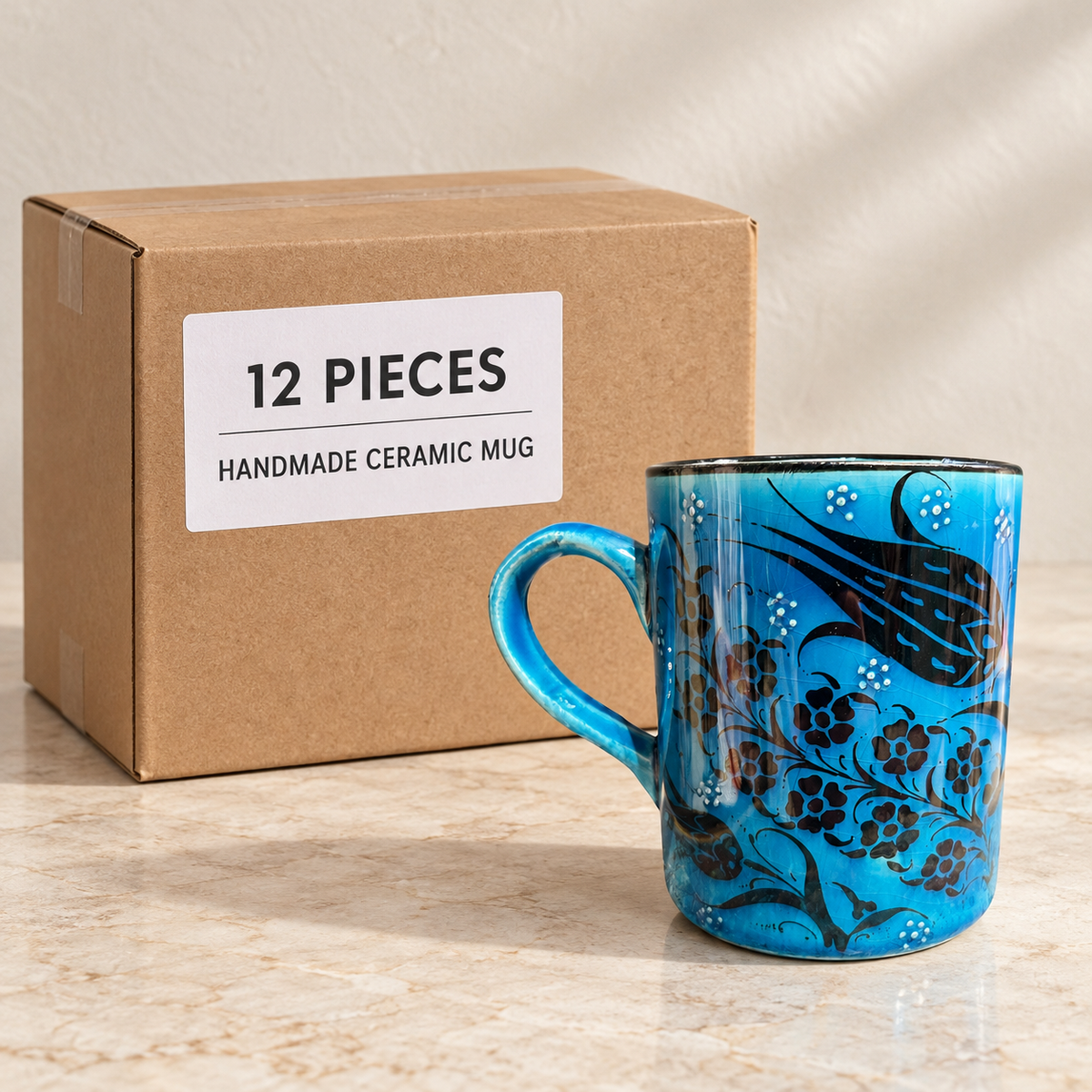 Handmade Ceramic Mug — Box of 12 — 12 × Handmade Ceramic Mug. Representative samples beside illustrative wholesale carton.