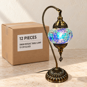 Swan Mosaic Table Lamp - 13 cm Glass — Box of 12 — 12 × Swan Mosaic Table Lamp - 13 cm Glass. Representative samples beside illustrative wholesale carton.