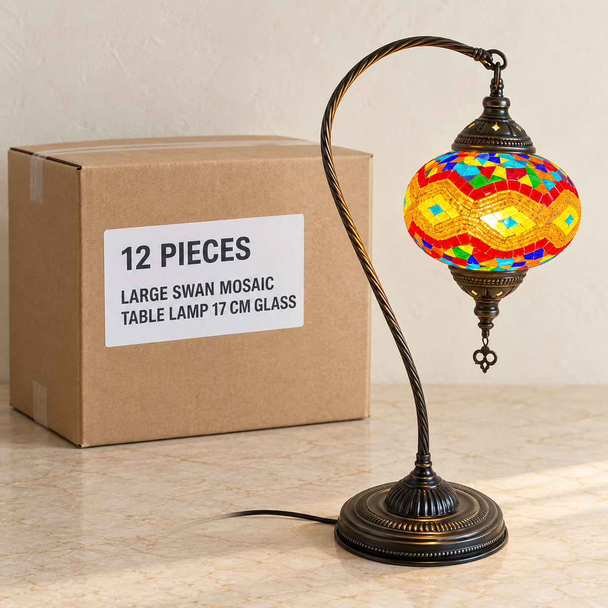 Large Swan Mosaic Table Lamp - 17 cm Glass — Box of 12 — 12 × Large Swan Mosaic Table Lamp - 17 cm Glass. Representative samples beside illustrative wholesale carton.