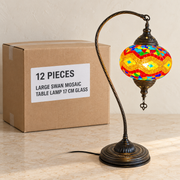 Large Swan Mosaic Table Lamp - 17 cm Glass — Box of 12 — 12 × Large Swan Mosaic Table Lamp - 17 cm Glass. Representative samples beside illustrative wholesale carton.