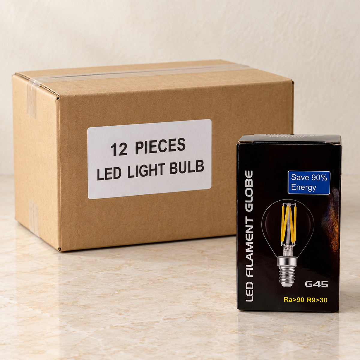 LED Light Bulb — Box of 12 — 12 × LED Light Bulb. Representative samples beside illustrative wholesale carton.
