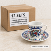 Turkish Coffee Cup & Saucer Set - 12 Pieces — Box of 12 — 12 × Turkish Coffee Cup & Saucer Set - 12 Pieces. Representative samples beside illustrative wholesale carton.