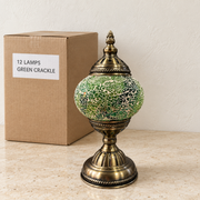 Green Crackle mosaic table lamp, based on the original Bazaar G retail product photo. One sample shown; wholesale box contains 12 of this design. Carton illustration.