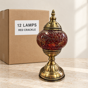 Red Crackle mosaic table lamp, based on the original Bazaar G retail product photo. One sample shown; wholesale box contains 12 of this design. Carton illustration.
