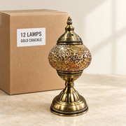 Gold Crackle mosaic table lamp, based on the original Bazaar G retail product photo. One sample shown; wholesale box contains 12 of this design. Carton illustration.