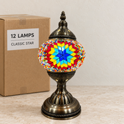 Classic Star mosaic table lamp, based on the original Bazaar G retail product photo. One sample shown; wholesale box contains 12 of this design. Carton illustration.
