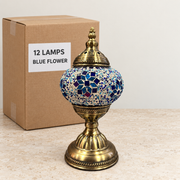 Blue Flower mosaic table lamp, based on the original Bazaar G retail product photo. One sample shown; wholesale box contains 12 of this design. Carton illustration.
