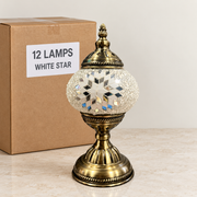 White Star mosaic table lamp, based on the original Bazaar G retail product photo. One sample shown; wholesale box contains 12 of this design. Carton illustration.