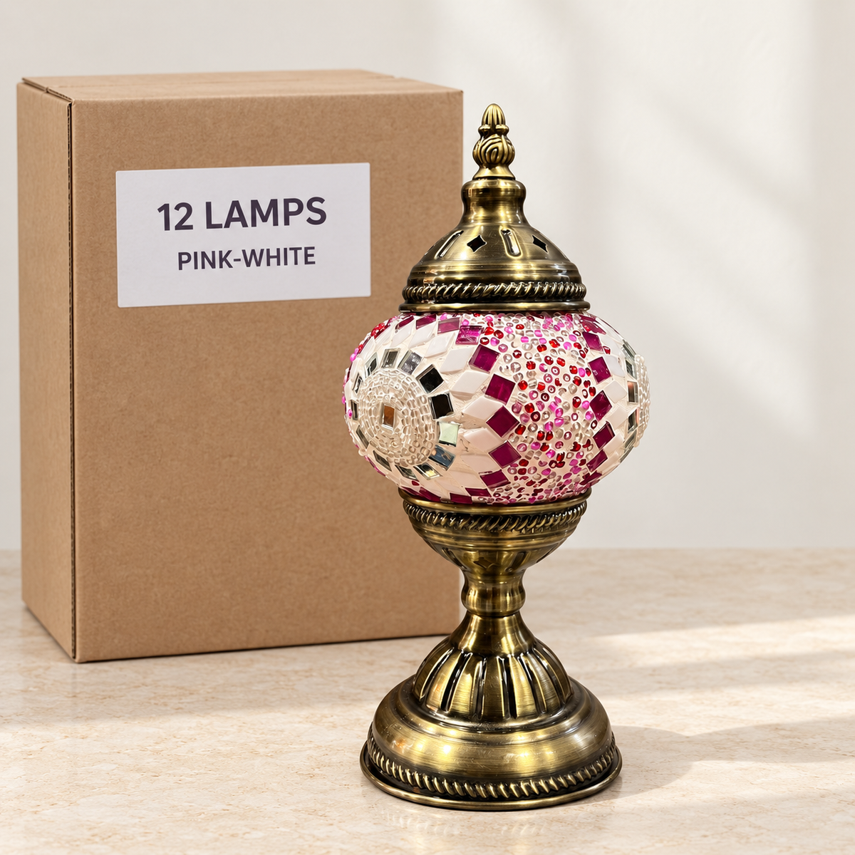 Pink-White mosaic table lamp, based on the original Bazaar G retail product photo. One sample shown; wholesale box contains 12 of this design. Carton illustration.