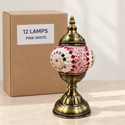 Pink-White mosaic table lamp, based on the original Bazaar G retail product photo. One sample shown; wholesale box contains 12 of this design. Carton illustration.