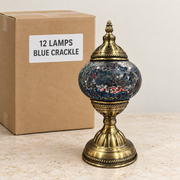 Blue Crackle mosaic table lamp, based on the original Bazaar G retail product photo. One sample shown; wholesale box contains 12 of this design. Carton illustration.