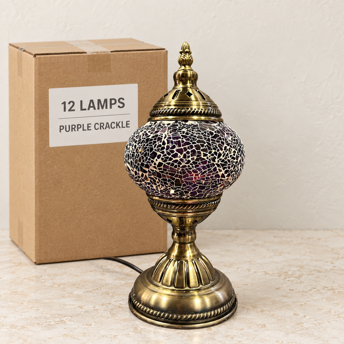 Purple Crackle mosaic table lamp, based on the original Bazaar G retail product photo. One sample shown; wholesale box contains 12 of this design. Carton illustration.