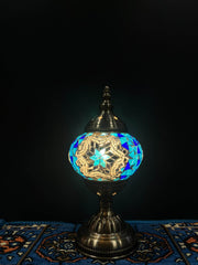 Original Bazaar G Blue Star mosaic table lamp — actual glass design reference