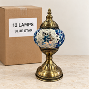 Blue Star mosaic table lamp, based on the original Bazaar G retail product photo. One sample shown; wholesale box contains 12 of this design. Carton illustration.