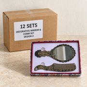 Decorative Mirror & Comb Sets — Box of 12 — 12 × Decorative Mirror & Comb Set - Design 2. Representative samples beside illustrative wholesale carton.