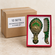 Decorative Mirror & Comb Sets — Box of 12 — 12 × Decorative Mirror & Comb Set. Representative samples beside illustrative wholesale carton.