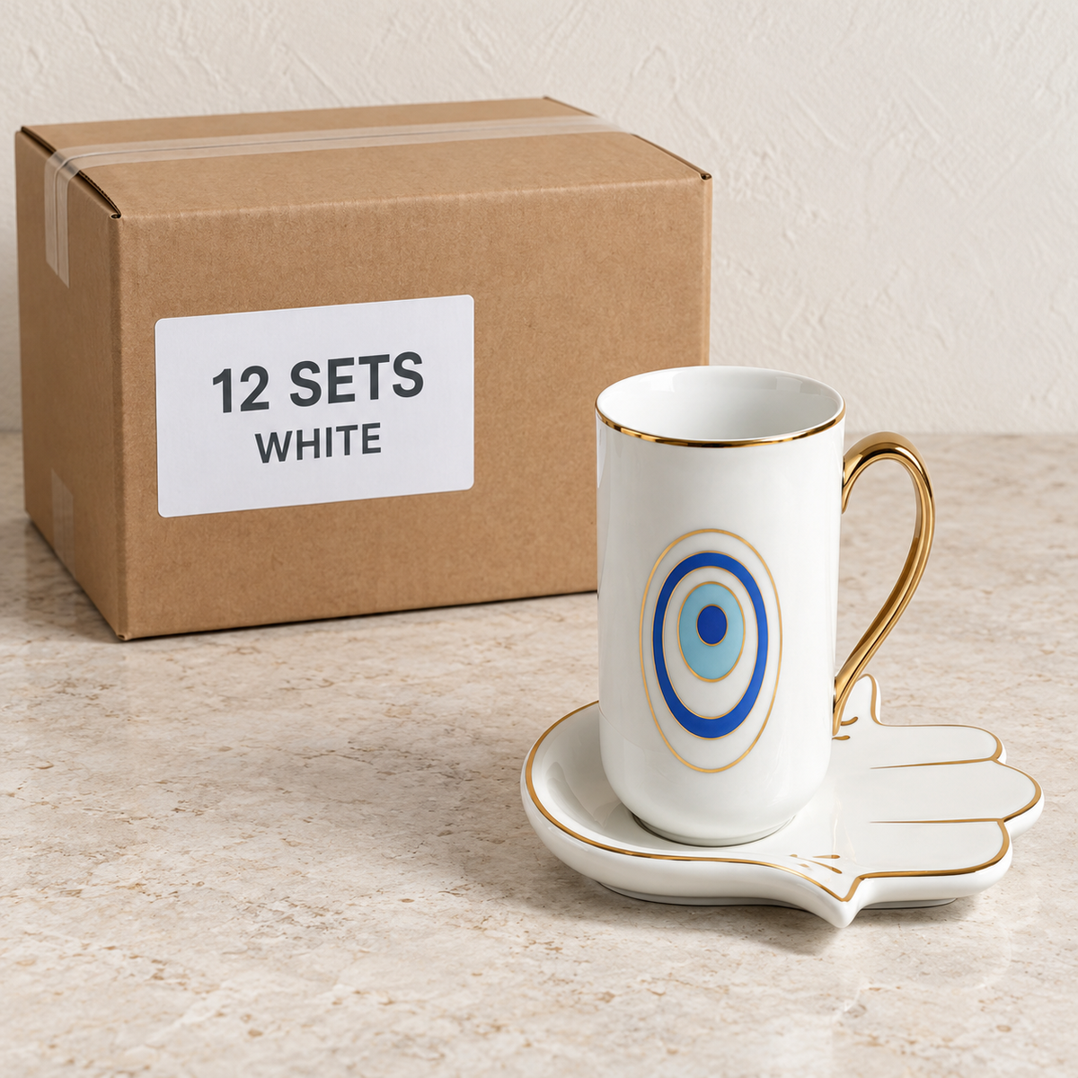 Evil Eye Mugs with Hamsa Trays — Box of 12 — 12 × White. Representative samples beside illustrative wholesale carton.