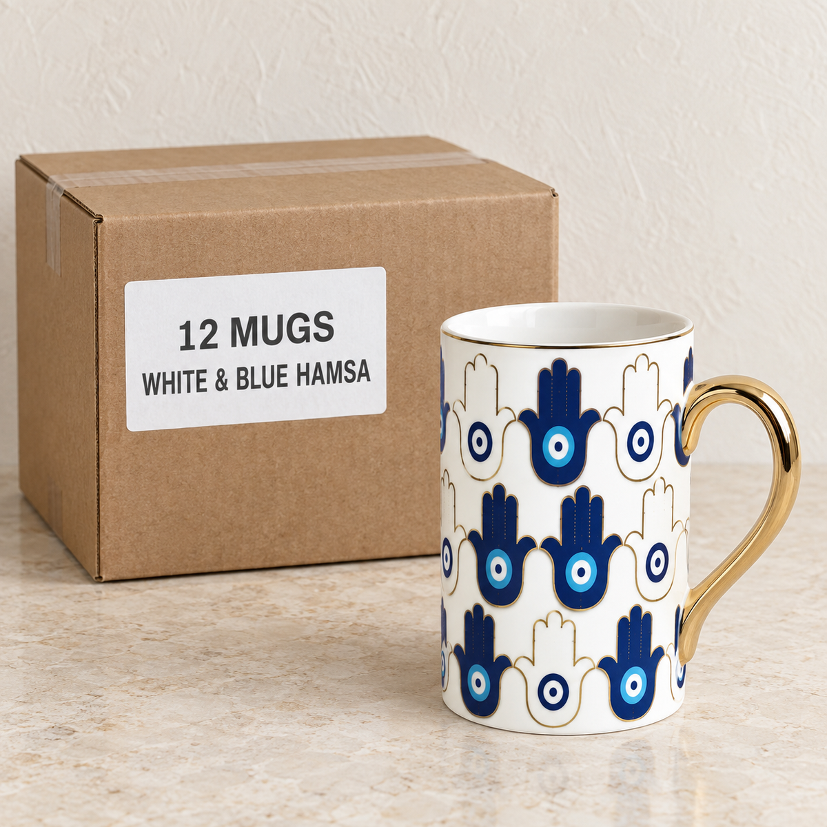 Evil Eye & Hamsa Mugs — Box of 12 — 12 × White & Blue Hamsa. Representative samples beside illustrative wholesale carton.