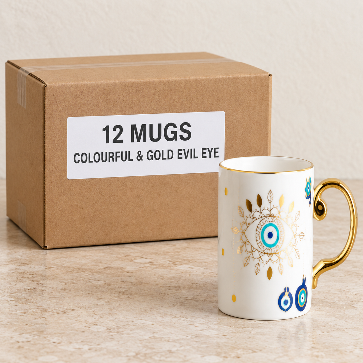 Evil Eye & Hamsa Mugs — Box of 12 — 12 × Colourful & Gold Evil Eye. Representative samples beside illustrative wholesale carton.