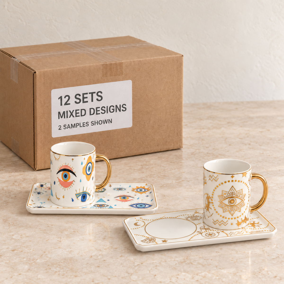Evil Eye Mugs with Rectangular Trays — Box of 12 — Mixed box — 4 of each design. Representative samples beside illustrative wholesale carton.