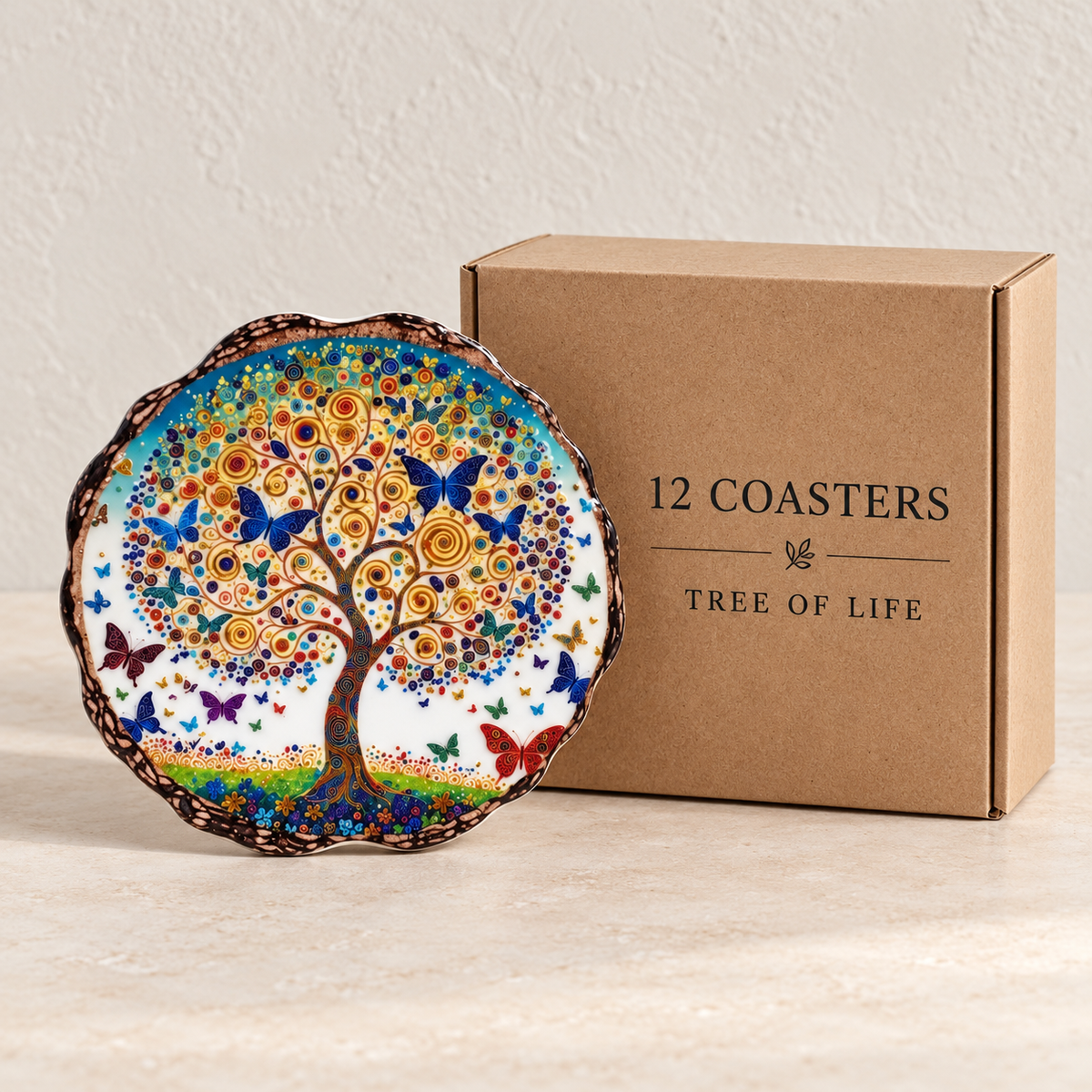 Nature Ceramic Coasters · 10 cm — Box of 12 — 12 × Tree of Life. Representative product samples beside a carton; full pack quantity is 12.