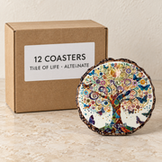 Nature Ceramic Coasters · 10 cm — Box of 12 — 12 × Tree of Life · alternate. Representative sample beside illustrative wholesale carton.