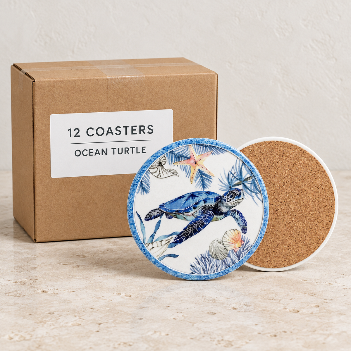 Nature Ceramic Coasters · 10 cm — Box of 12 — 12 × Ocean Turtle. Representative sample beside illustrative wholesale carton.