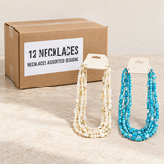 Necklaces — Box of 12 — 12 × Necklaces - Assorted Designs. Representative samples beside illustrative wholesale carton.