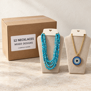 Necklaces — Box of 12 — Mixed box — 4 of each design. Representative samples beside illustrative wholesale carton.