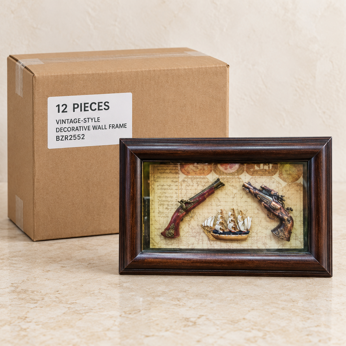 Vintage-Style Decorative Wall Frames — Box of 12 — 12 × Vintage-Style Decorative Wall Frame - BZR2552. Representative samples beside illustrative wholesale carton.