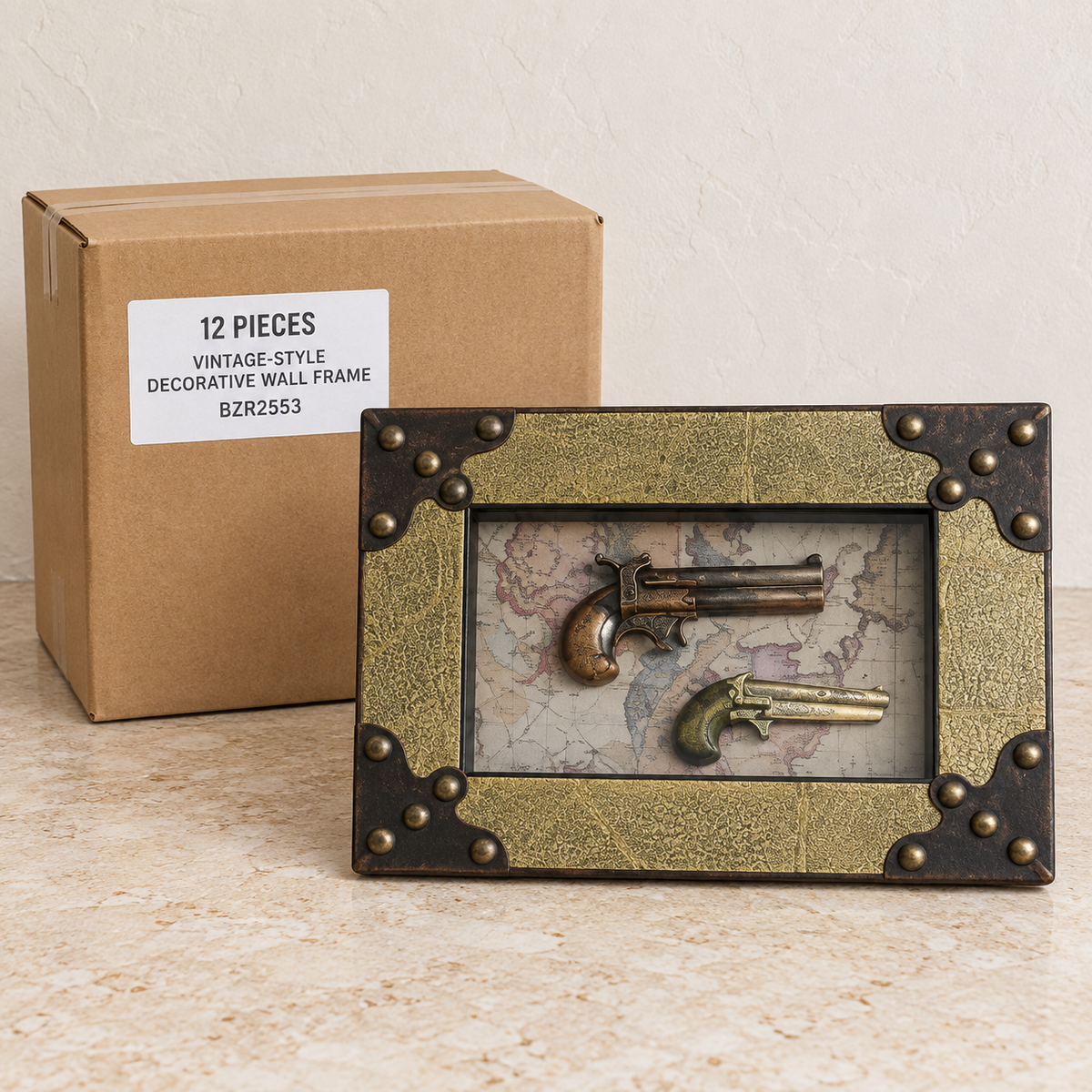 Vintage-Style Decorative Wall Frames — Box of 12 — 12 × Vintage-Style Decorative Wall Frame - BZR2553. Representative samples beside illustrative wholesale carton.