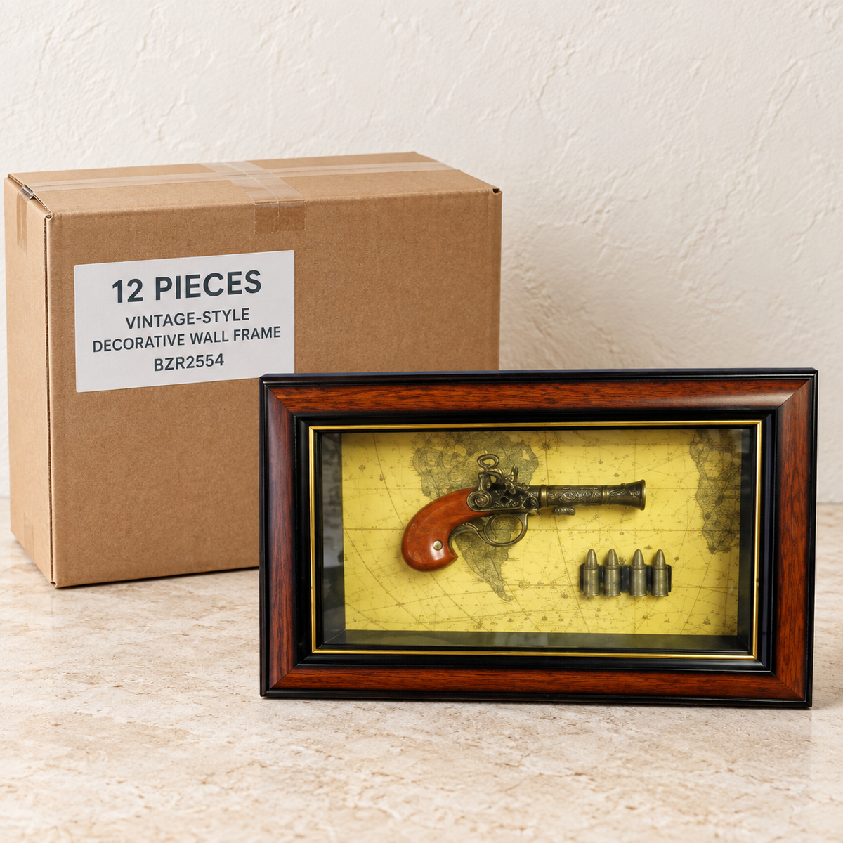 Vintage-Style Decorative Wall Frames — Box of 12 — 12 × Vintage-Style Decorative Wall Frame - BZR2554. Representative samples beside illustrative wholesale carton.