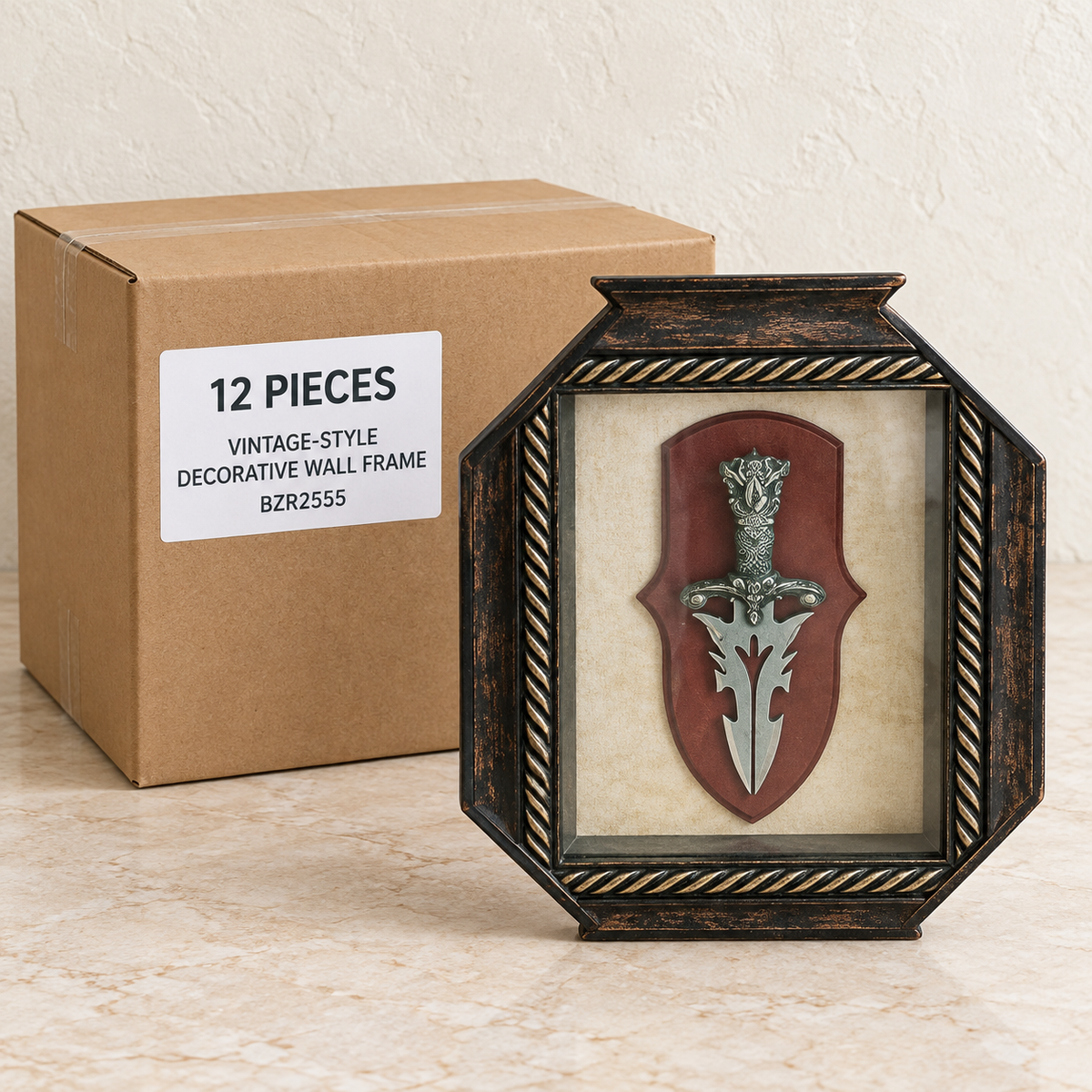 Vintage-Style Decorative Wall Frames — Box of 12 — 12 × Vintage-Style Decorative Wall Frame - BZR2555. Representative samples beside illustrative wholesale carton.