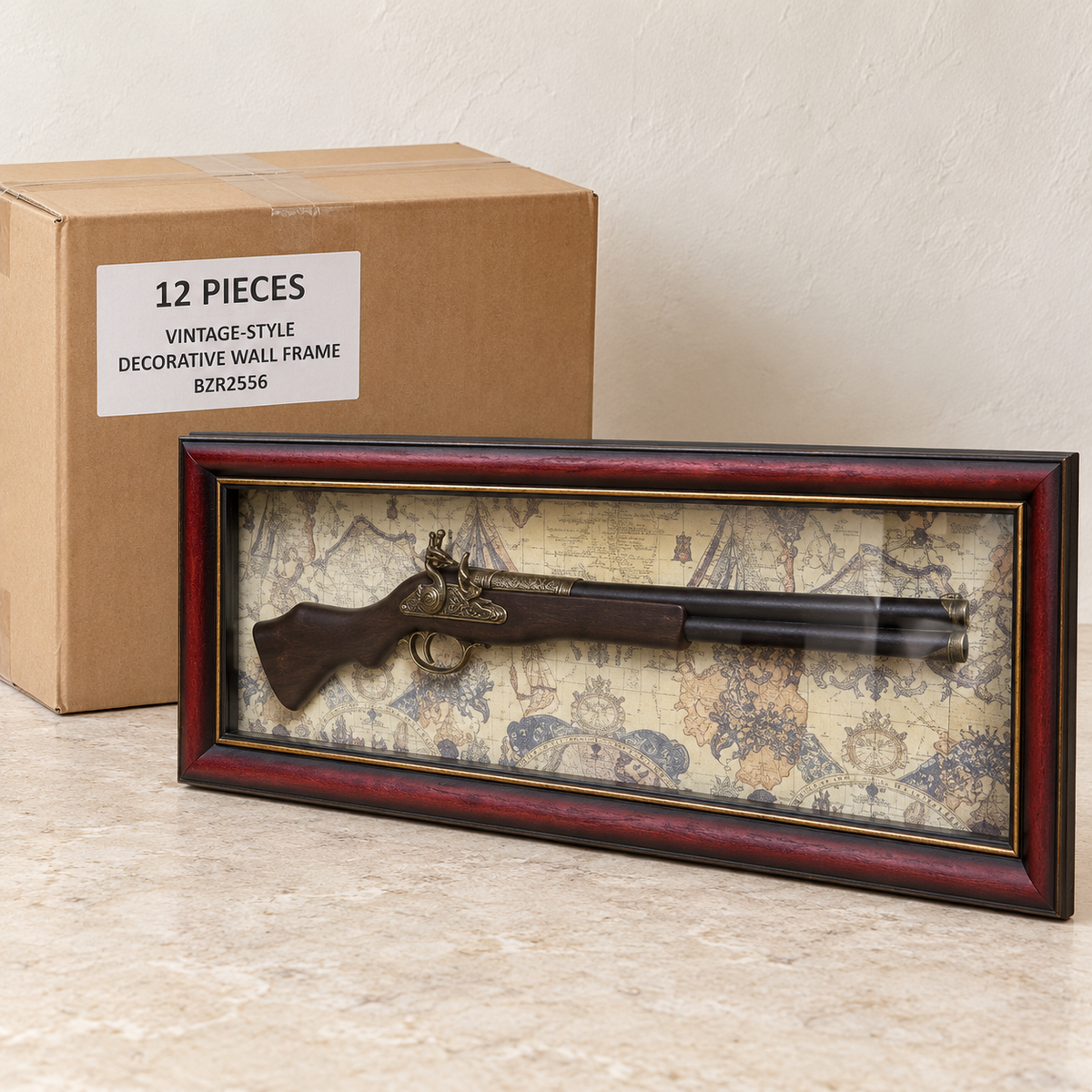 Vintage-Style Decorative Wall Frames — Box of 12 — 12 × Vintage-Style Decorative Wall Frame - BZR2556. Representative samples beside illustrative wholesale carton.